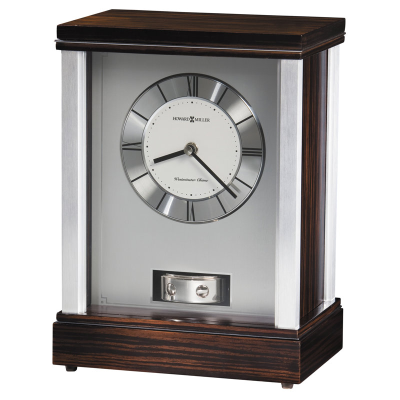 Modern & Contemporary Roman Numeral Metal Quartz Movement / Crystal Tabletop Clock in Brushed Aluminum/Faux Macassar Ebony