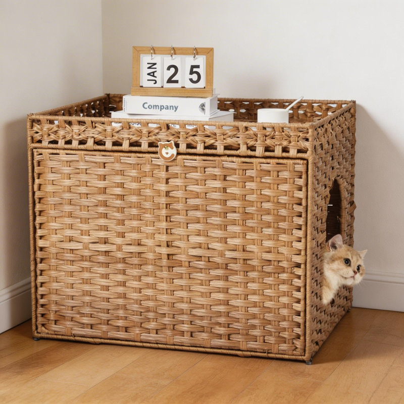 Meuble à chat caché en rotin pour litière, table de bout tissée avec plateau amovible et tapis pour litière, Tanné