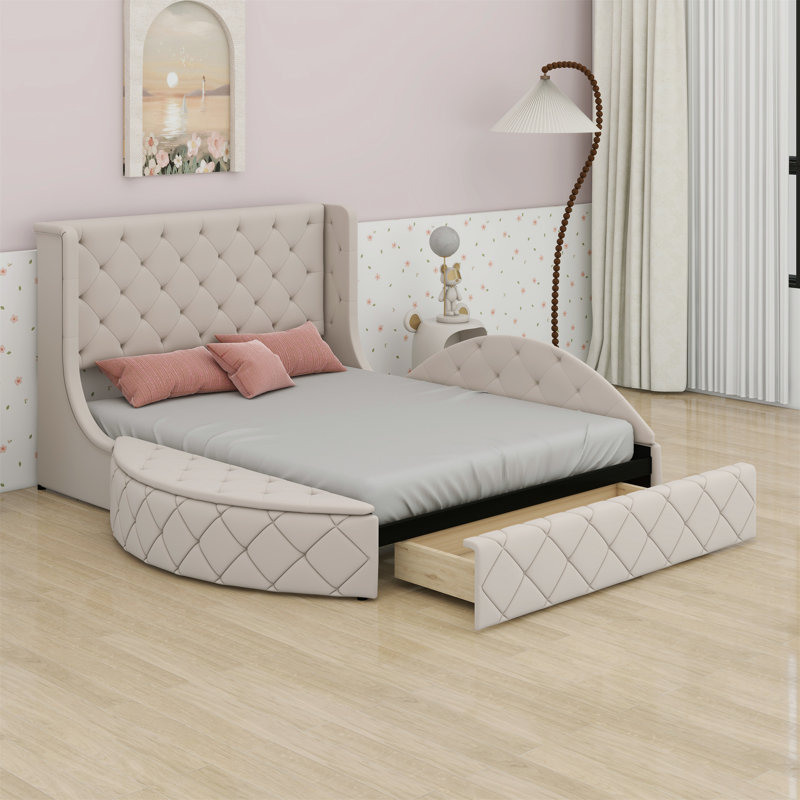 Lit plateforme tapissier avec tête de lit à oreilles et 1 grand tiroir, 2 tabourets de rangement latéraux, Beige