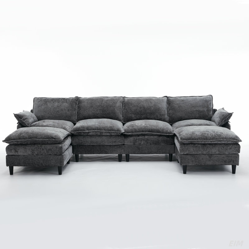 Modular Sofa,U Shaped Cloud Couch Comfy Set ,6-Seater, 2 Armrest Pillows,Convertible Sectional  Couch, Living Room,Apartment, Chenille(2 Movable Ottoman) (Sectional)