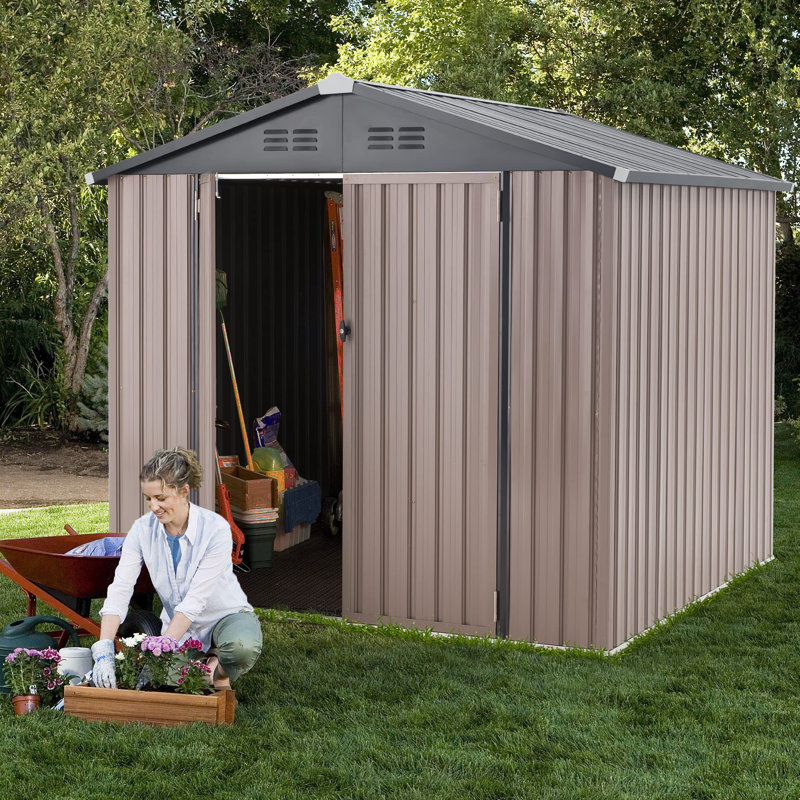 AECOJOY 7' x 7' Brown and Gray Metal Storage Shed