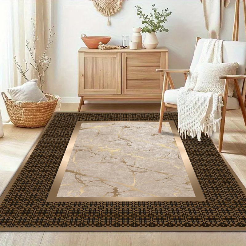 Tapis en marbre doré clair de luxe rétro avec envers en caoutchouc antidérapant, tapis intérieur / extérieur en polypropylène touffeté lavable