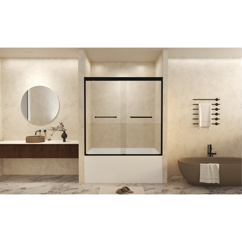 56-60" W × 60" H Tempered Glass With Explosion Proof Film, Aluminum Frame Double Sliding Shower Door, "1/4 (6 Mm), Stainless Steel Handle