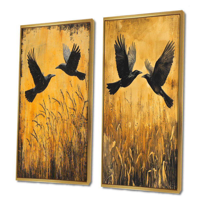«Dark Crows In The Cornfield I», art mural 2 pièces, H 40 po x l 41 po, Cadre flottant doré