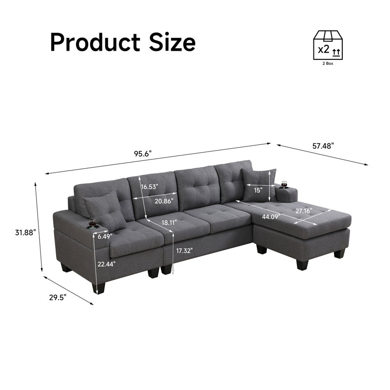 95.6" L-shaped Upholstered Sectional Sofa With 2 Cup Holders and 2 Throw Pillows, Gray