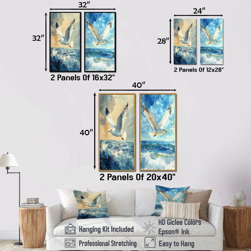 Watcher mouette au-dessus de la côte I - animaux, art sur toile 2 panneaux, H 28 po x l 25 po, Toile tendue