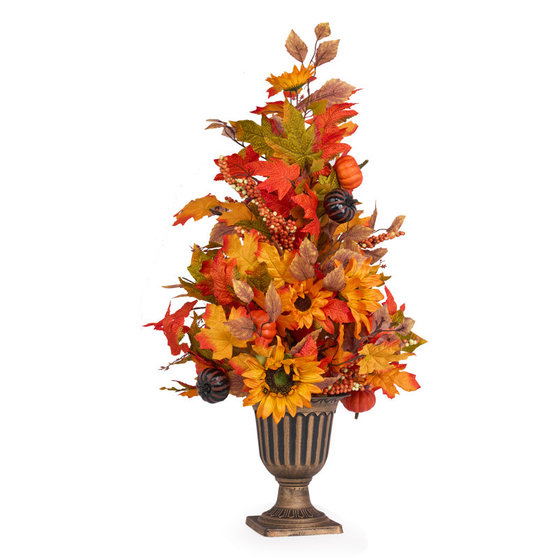 Arbre artificiel d'automne 35,4 po avec feuilles d'érable, tournesols, citrouilles avec base légère et stable