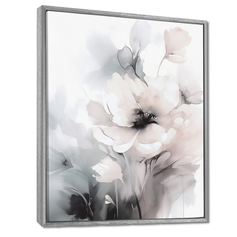 Douces fleurs gris clair I - art mural floral, H 44 po x l 34 po, Encadrement argenté