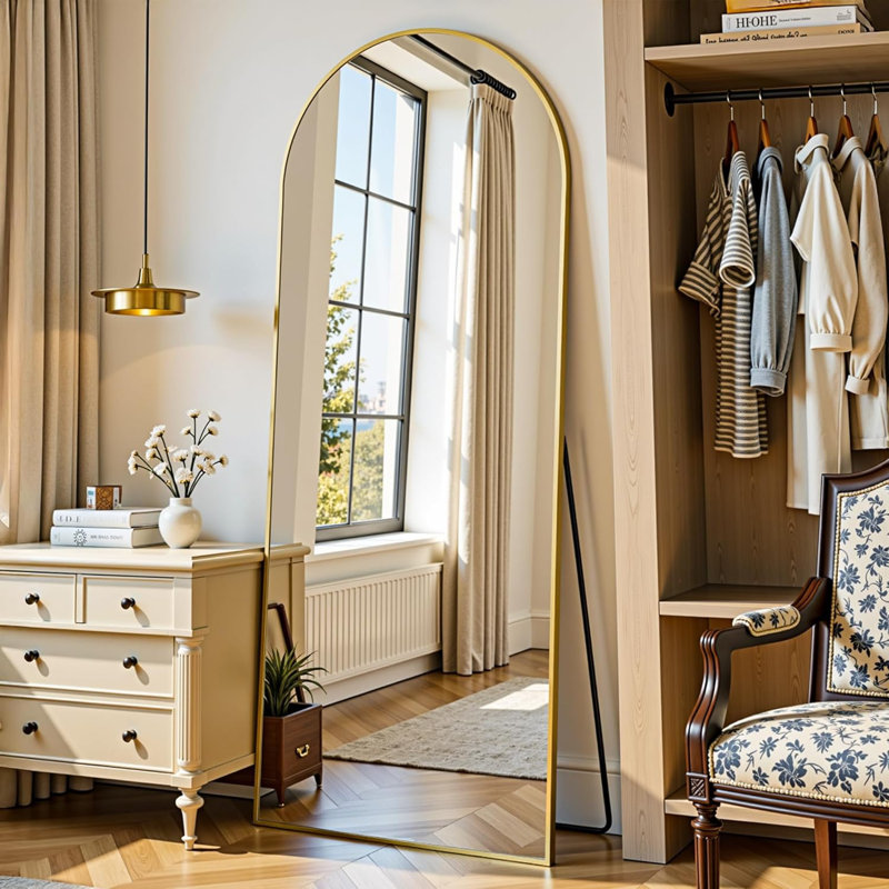 Arched Metal Oversized Full Length Mirrors Wall Mirrors with Stand, Gold, 58"×19"