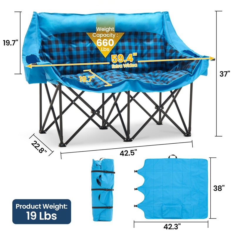 Loveseat Camping Chair with Mat, Double Camping Chair Folding Chair for Two People, Blue