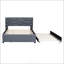 Lit plateforme double tapissier avec tête de lit à motif brique et gigogne simple, tissu en lin, gris
