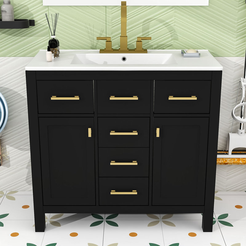 Liburd 36" Freestanding Bathroom Vanity with Ceramic Sink and Storage Cabinet Combo, Black