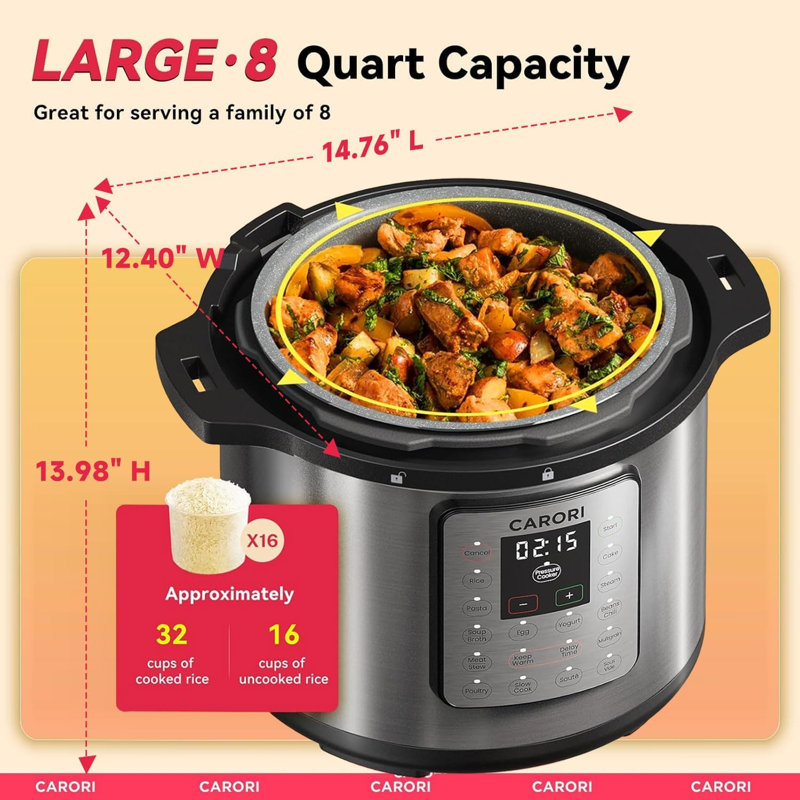 8Qt Silver Electric Pressure Cooker, 12-in-1 Multi Cooker, Stainless Steel Pot, Safe Venting & Recipe Book