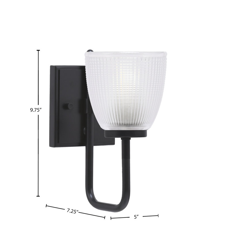 Amarmula 1 Light Wall Sconce, Matte Black Finish, 5" Clear Ribbed Glass, Black
