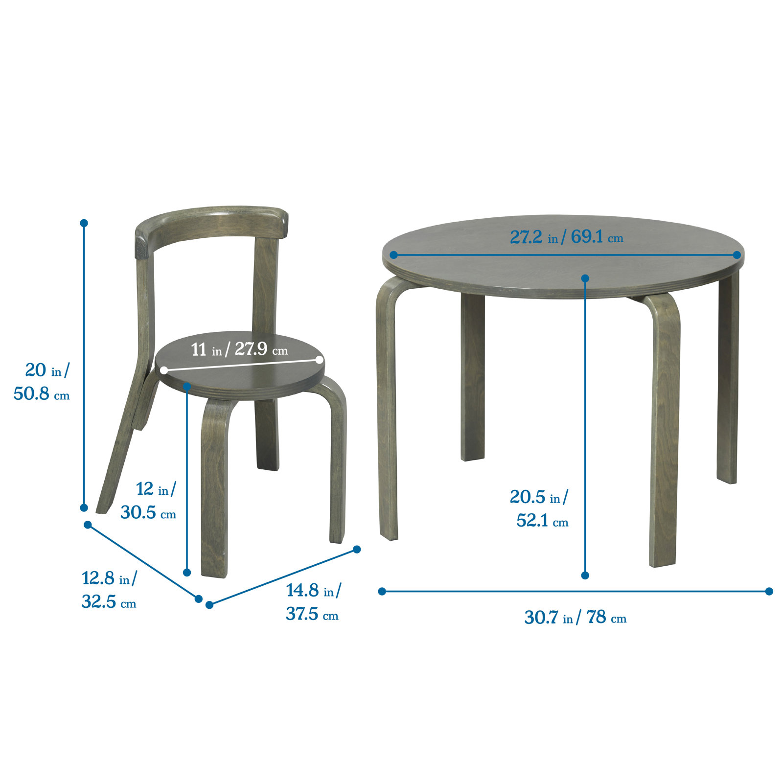Bentwood Kids Table and Chair Set, Gray Wash