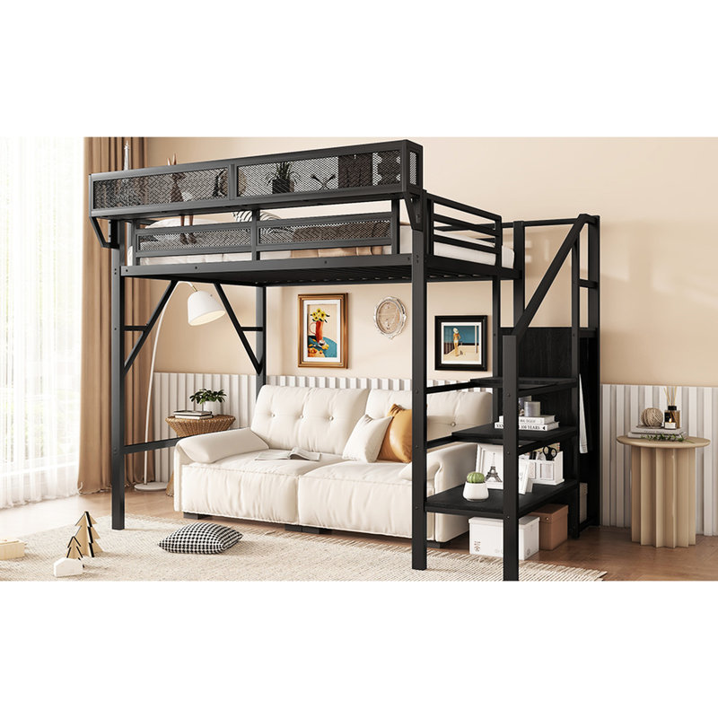 Lit mezzanine simple en métal avec escalier et tablettes de rangement, idéal pour les petites chambres, noir, capacité de charge de 250 lb