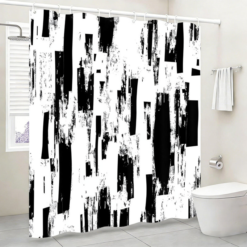 Abstract Brushstroke Bath Curtain, 72x72" / 180x180cm with Hooks, Black, Black Abstract 1