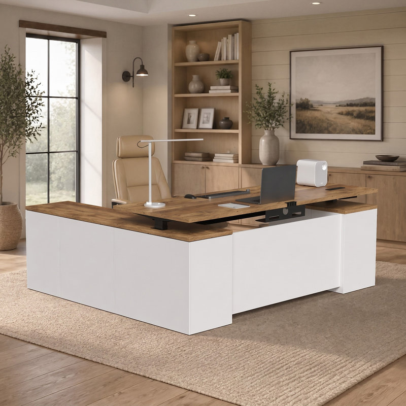 Bureau assis-debout de direction en forme de L de 71 pouces avec rangement pour dossiers, bureau électrique réglable en hauteur avec prises de courant et ports USB