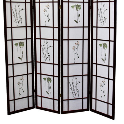 4 Room Divider Screen 70" Tall, Cherry Finish With Asian Floral Notion Tall Partition, Print