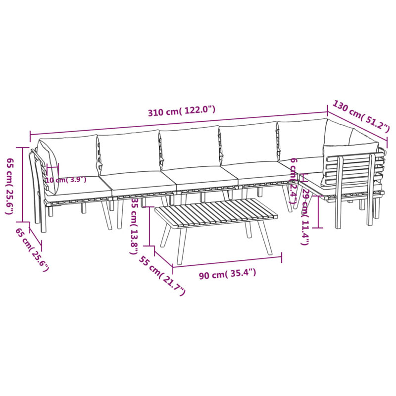 Chaise longue avec coussins 4 pièces Damita, 7 pièces: 3 au centre, 3 au coin, table