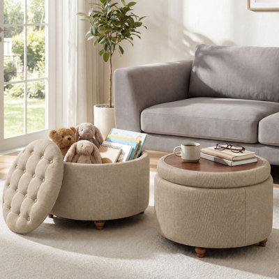 Upholstered Round Storage Ottoman With Tufted Cushion