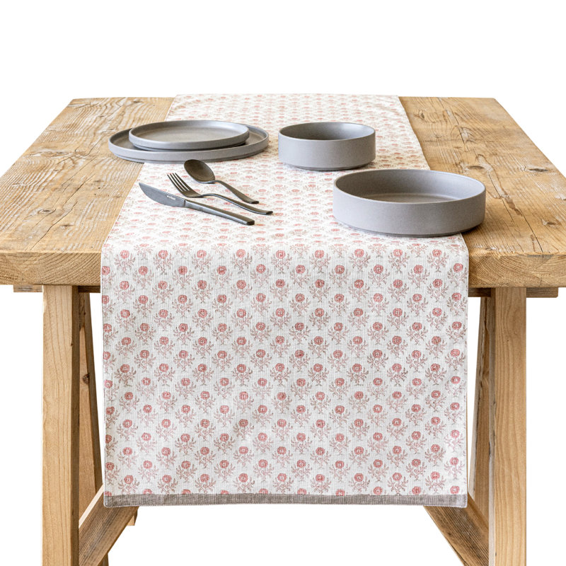 over&back Hand-Blocked Printed Cotton Table Runner, 18" W x 90" L, Pink Bloom