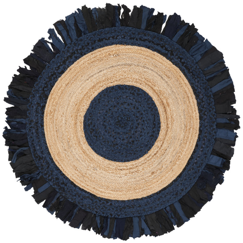 Procter Hand Woven Cotton/Jute Rug in Navy/Natural, Round 4'