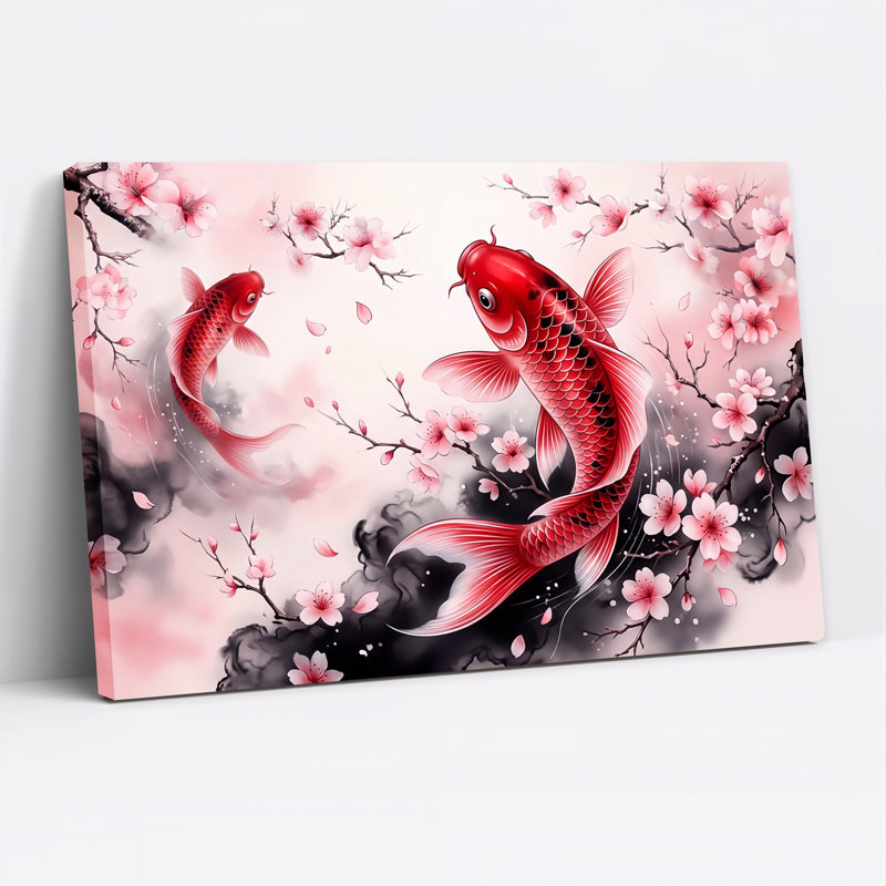«Red Koi Fish» nageant près de fleurs de cerisier roses et toile foncée, H 12 po x l 18 po