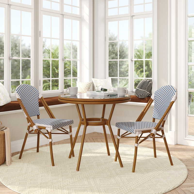 Rylan Indoor/Outdoor Commercial Bistro Set with Table and Two Chairs, Brown/Blue