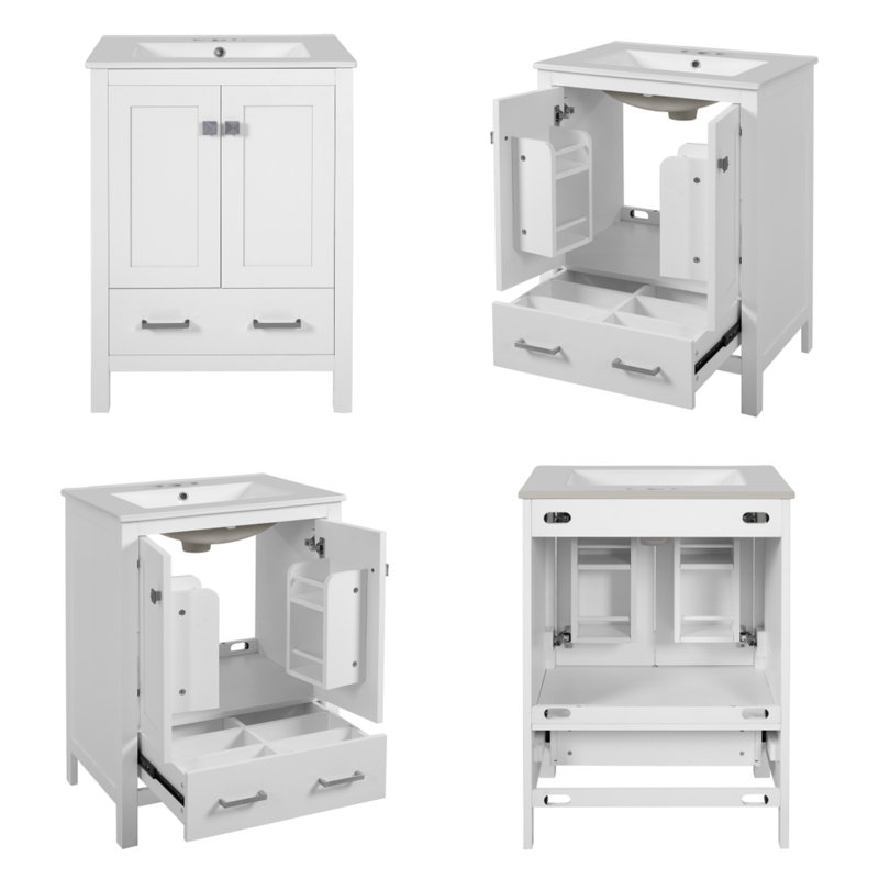 Meuble-lavabo de 48 po avec lavabo intégré, armoire de rangement, portes à fermeture en douceur, tiroirs compartimentés et tablettes à deux niveaux, blanc