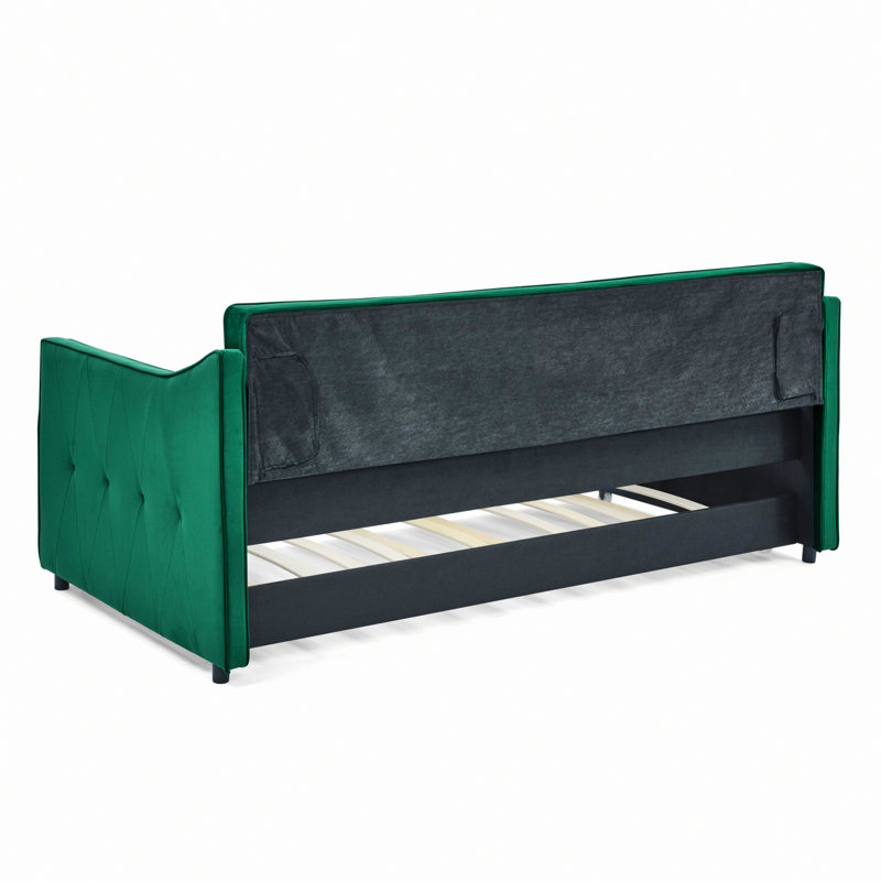 Tufted Daybed With Trundle, Upholstered Bed With Arms, Green