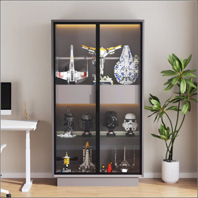 Freestanding Glass Door Display Cabinet With LED Lighting,Internal 2 Drawers And Adjustable Shelves