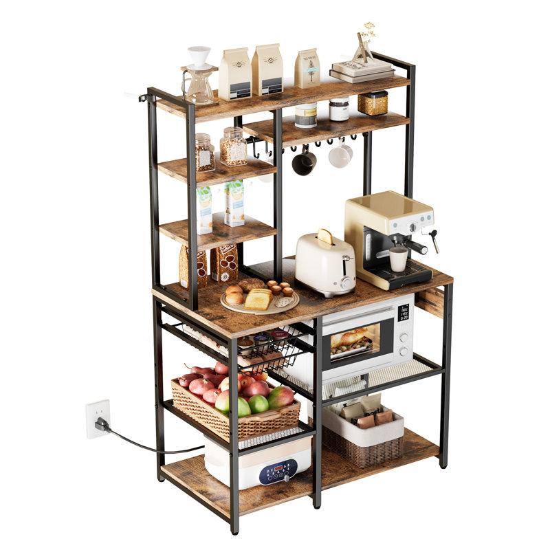Étagère de boulanger de cuisine, étagère de boulanger avec câble d'alimentation de 5 pi avec prise de courant, support de cuisine avec barre de support en forme de X, 10 crochets en forme de S, support de bar à café pour les plats, bouteilles d'ép
