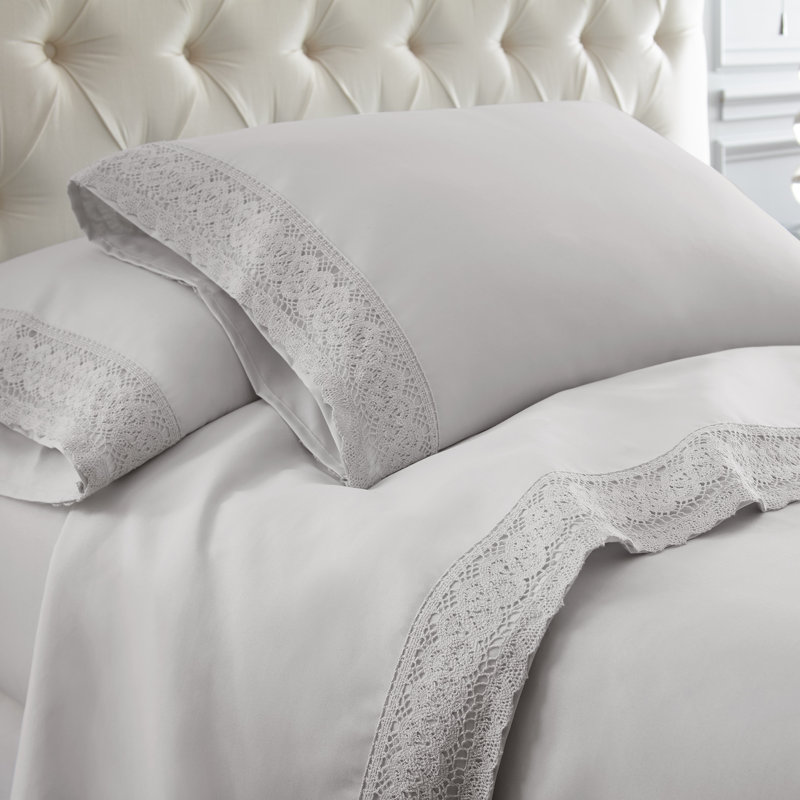 Dove Gray Twin Microfiber Crochet Lace Sheet Set
