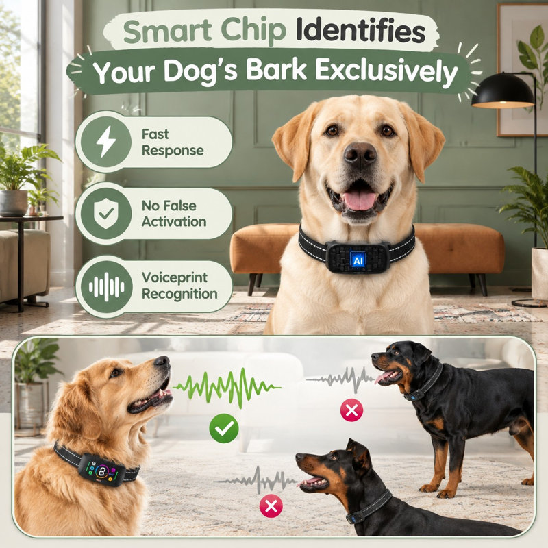 Un collier d'aboiement intelligent imperméable et étanche IP67 pour les chiens de moyenne et grande taille pesant de 11 à 150 lb, combinant 4 modes d'entraînement et 8 réglages de sensibilité réglables. Prix exclusif.
