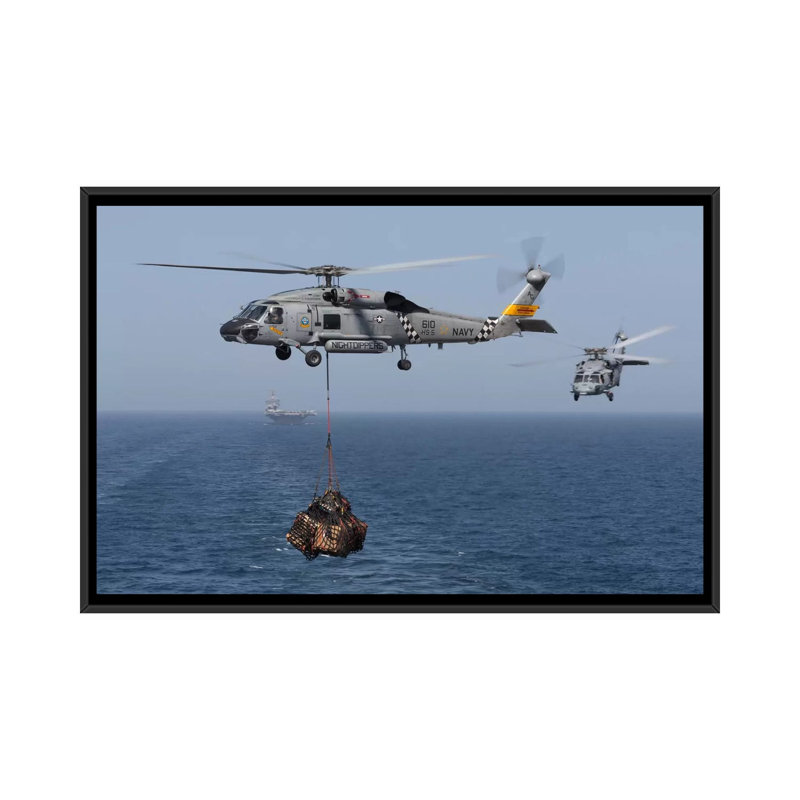 " A SH-60J Seahawk Transfers Cargo During A Vertical Replenishment " by Gert Kromhout, Black Framed Canvas, No Mat
