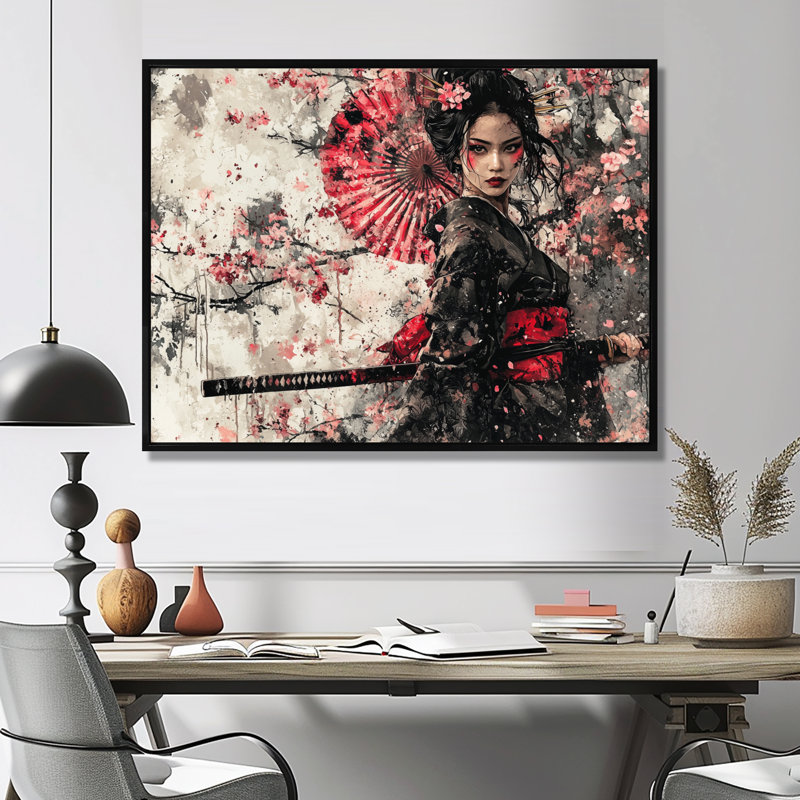 «Samurai au Japon», femme, fleur, H 30 po x l 40 po, Avec cadre, Noir