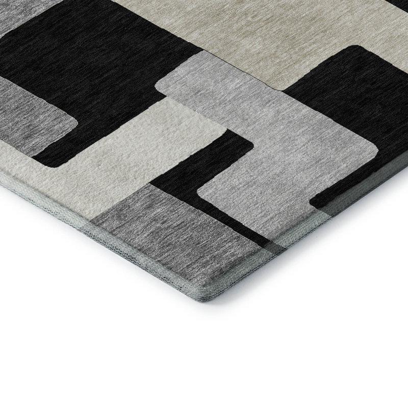 Premium Machine Washable Prisco Black Rug, Rectangle 1'8" x 2'6"
