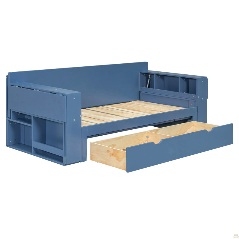 Lit de jour double avec bureau amovible, tiroirs de rangement et table d'appoint hydraulique, Bleu, Double