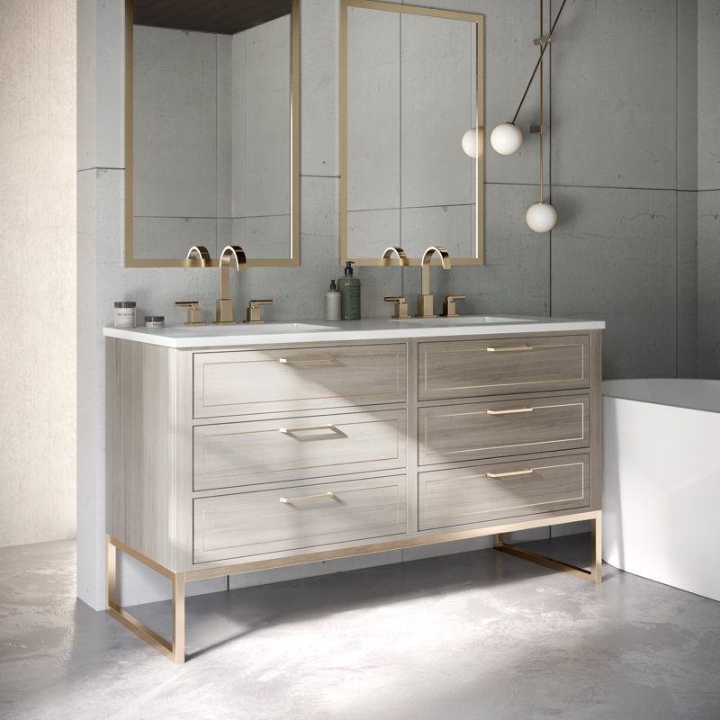 Markham 60'' W Double Vanity, Cashmere Gray, White Quartz, Satin Brass