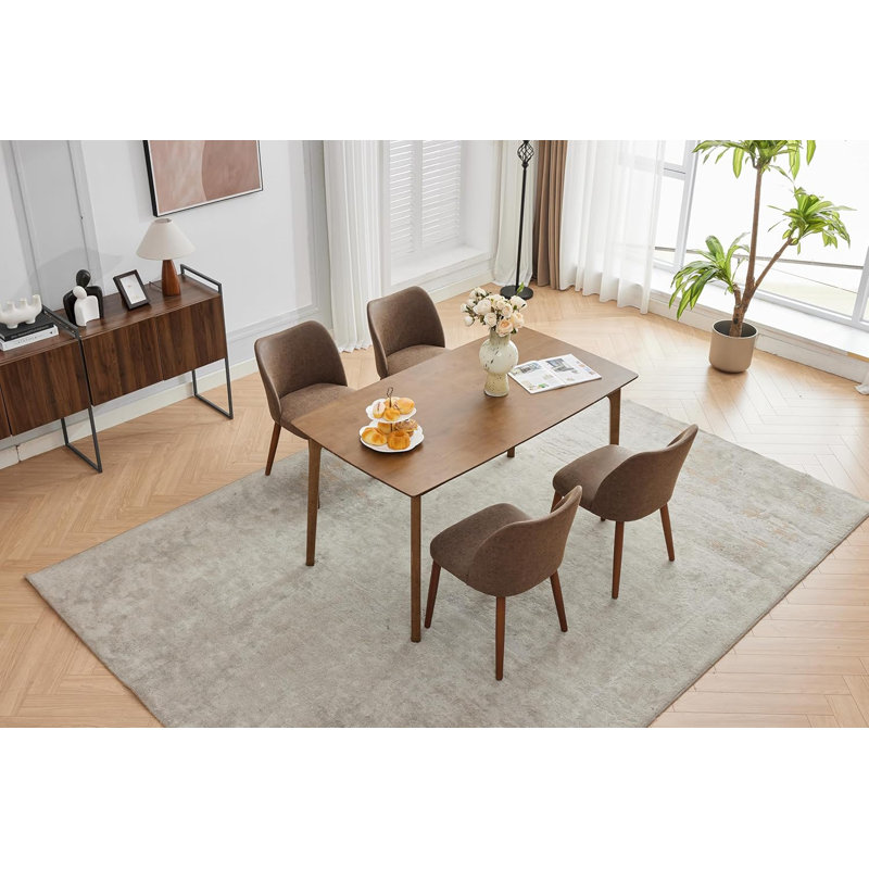 Upholstered Dining Chair with Wood Legs, Wing Backrest, Wooden Kitchen Chair with Thick Cushions, Light Brown