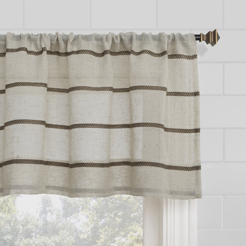Clean Window Aso Twill Stripe Linen Blend Sheer Rod Pocket Kitchen Curtain Valance, Mocha