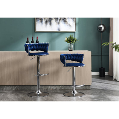 Of 2 Comfortable Bar Stools - Blue Velvet, Metal Base With Adjustable Functionality 2Pcs Velvet Functional Design