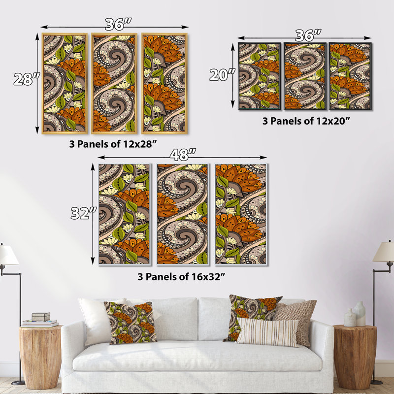 Ensemble de 3 reproductions d'art sur toile encadrées orange et gris, H 32 po x l 48 po x P 1 po, Blanc