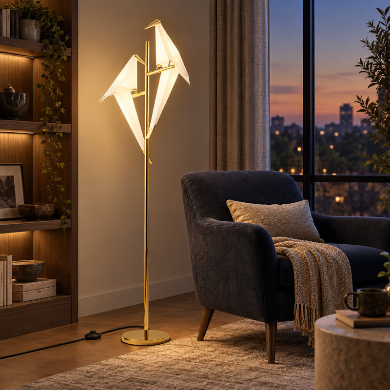 Lampadaire DEL Saryan de 69 po en forme de grue origami dorée avec interrupteur au pied