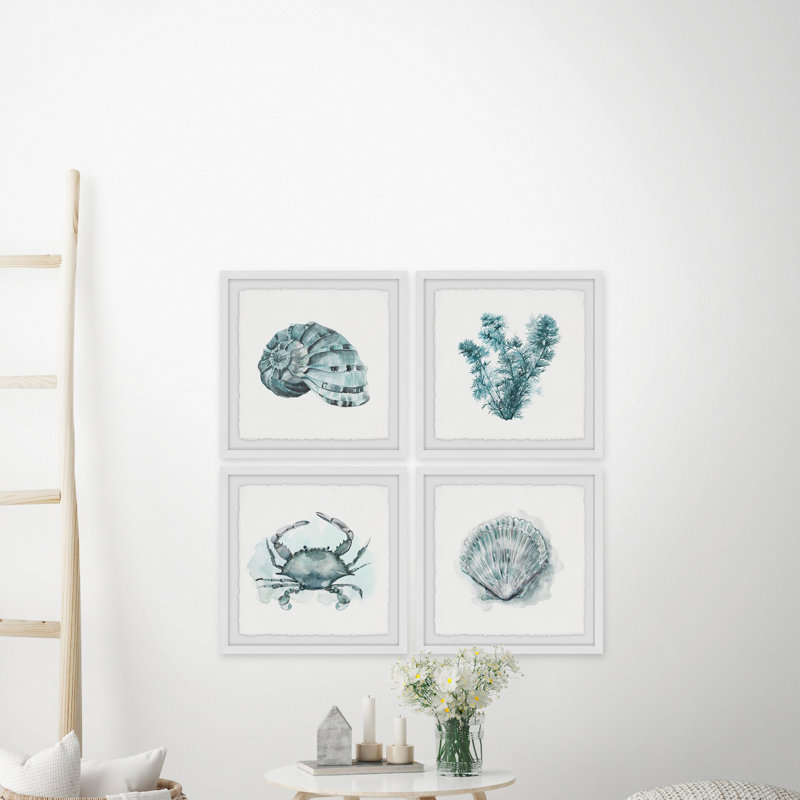 « sea life quadriptych », ensemble de 4 reproductions de peintures à l’aquarelle encadrées, H 32 po x l 32 po