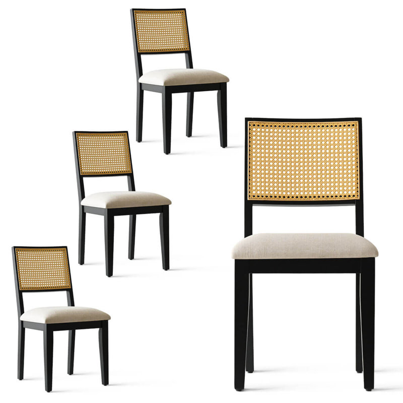 Chaises de salle à manger Cane avec pieds en bois massif, Noir mat