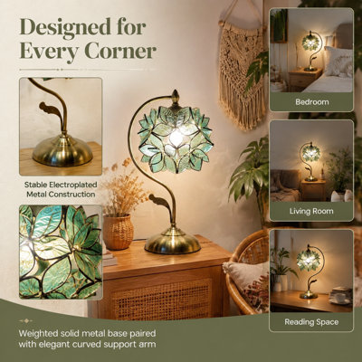 17" H Tiffany Lamp Floral Stained Glass Table Lamp, Tiffany Table Lamp with Handcrafted Green Flower Petal Shade, Electroplated Metal Base Vintage Bedside Lamp for Bedroom, Living Room & Office