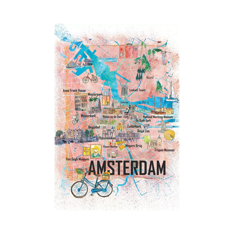 Amsterdam Netherlands Illustrated Map With Main Roads Landmarks And Highlights - Wrapped Canvas Print
