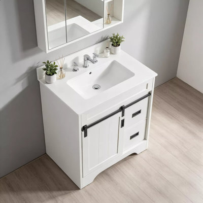 Armoire combinée blanche avec évier Farmhouse, meuble-lavabo autoportant, armoire simple avec portes de grange coulissantes et deux tiroirs